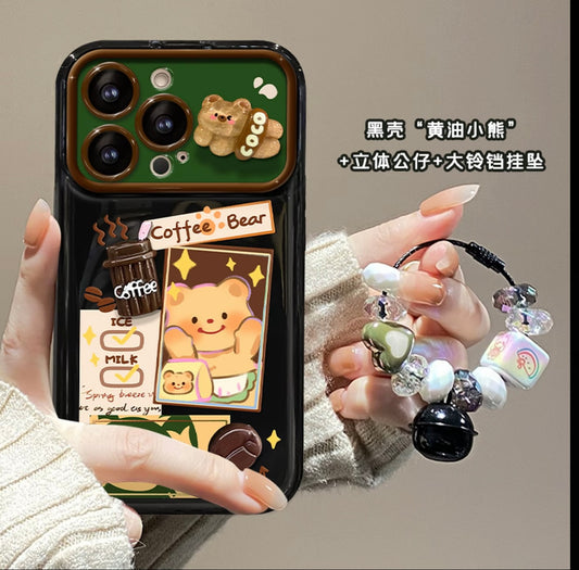 Cute 3D Butter Bear Coffee Phone Case with Beaded Bell Strap, Black Glossy Cover with Cartoon Prints
