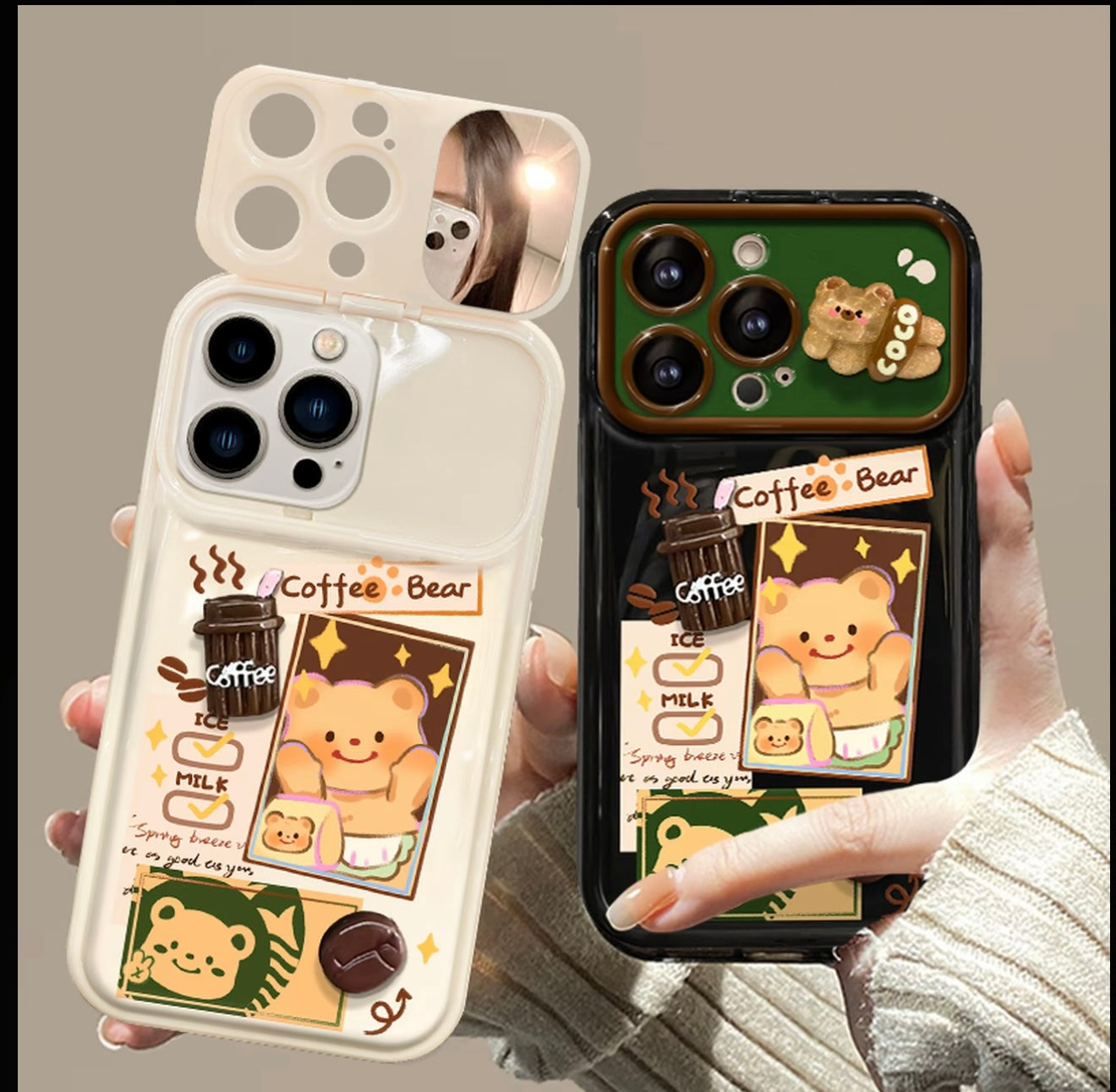 Cute 3D Butter Bear Coffee Phone Case with Beaded Bell Strap, Black Glossy Cover with Cartoon Prints