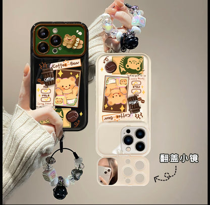 Cute 3D Butter Bear Coffee Phone Case with Beaded Bell Strap, Black Glossy Cover with Cartoon Prints
