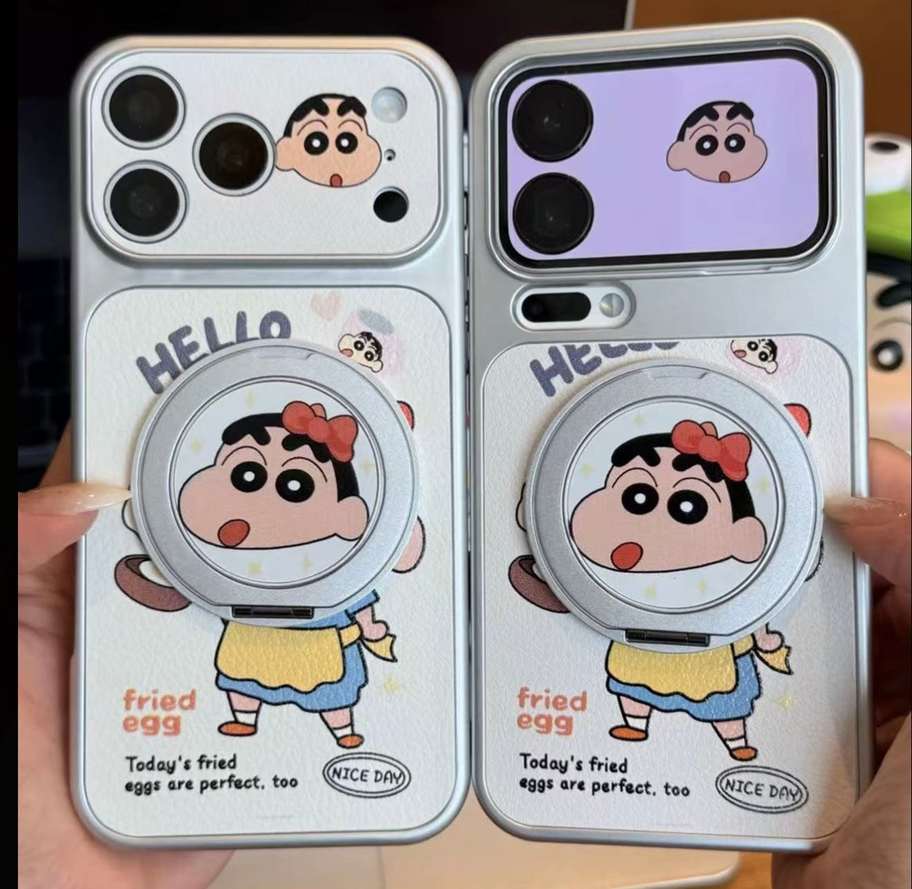 Cute Anime Shin-chan Phone Case with Flip Mirror & Ring Bracket, Magsafe Protective Cover for iPhone