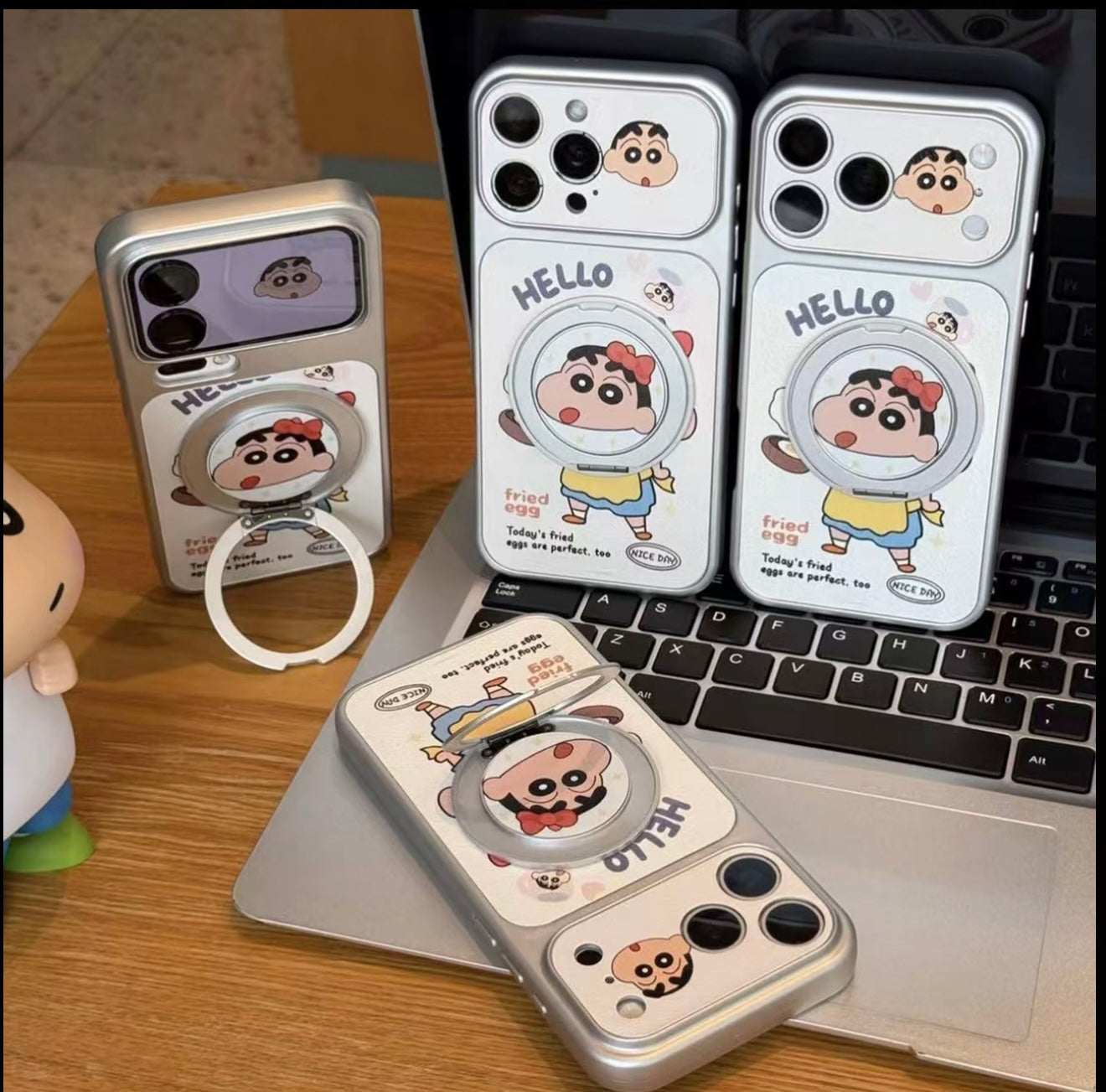 Cute Anime Shin-chan Phone Case with Flip Mirror & Ring Bracket, Magsafe Protective Cover for iPhone
