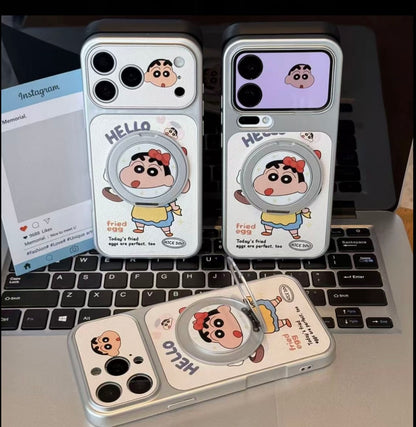 Cute Anime Shin-chan Phone Case with Flip Mirror & Ring Bracket, Magsafe Protective Cover for iPhone