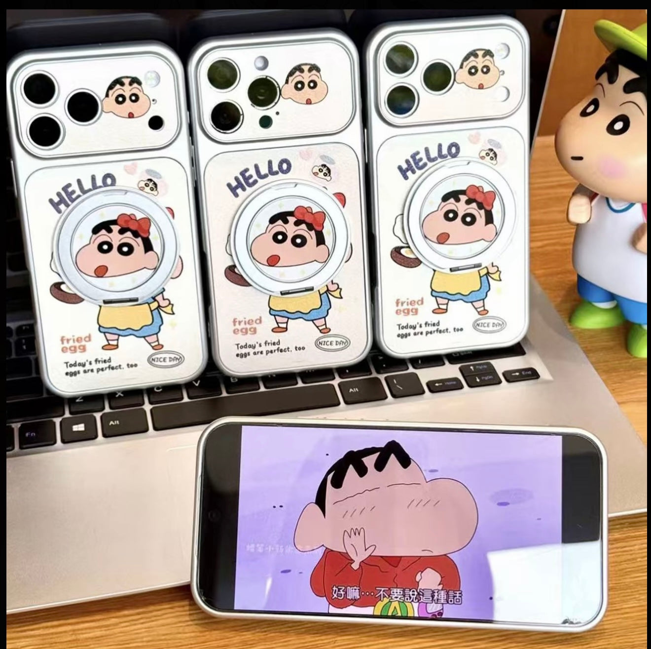 Cute Anime Shin-chan Phone Case with Flip Mirror & Ring Bracket, Magsafe Protective Cover for iPhone