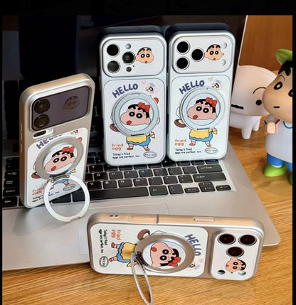 Cute Anime Shin-chan Phone Case with Flip Mirror & Ring Bracket, Magsafe Protective Cover for iPhone