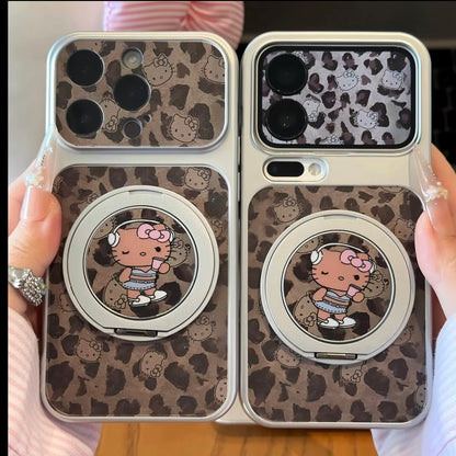 Y2K Leopard Tan Hello Kitty Magnetic Ring Stand Phone Case, 360 Degree Adjustable Holder For Watching Videos Reading