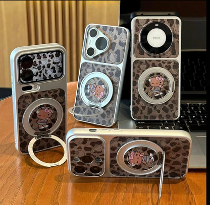 Y2K Leopard Tan Hello Kitty Magnetic Ring Stand Phone Case, 360 Degree Adjustable Holder For Watching Videos Reading