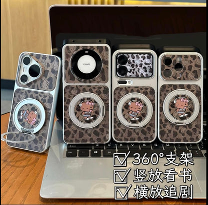 Y2K Leopard Tan Hello Kitty Magnetic Ring Stand Phone Case, 360 Degree Adjustable Holder For Watching Videos Reading