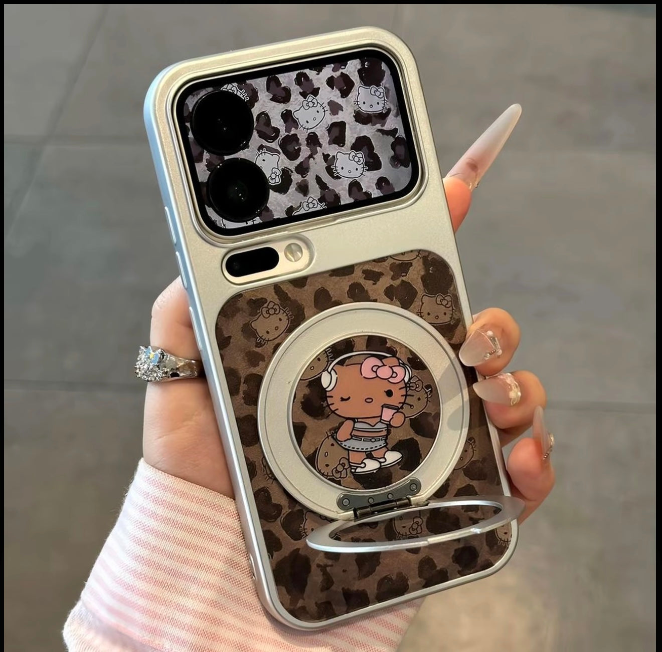 Y2K Leopard Tan Hello Kitty Magnetic Ring Stand Phone Case, 360 Degree Adjustable Holder For Watching Videos Reading