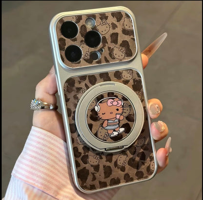 Y2K Leopard Tan Hello Kitty Magnetic Ring Stand Phone Case, 360 Degree Adjustable Holder For Watching Videos Reading