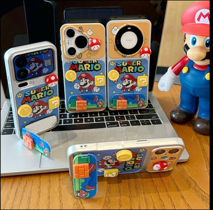 Retro Classic Super Mario Cartoon Phone Case With 3D Stereo Mushroom Ornament Fold Stand, Adjustable Holder For Gaming Binge Watching Series