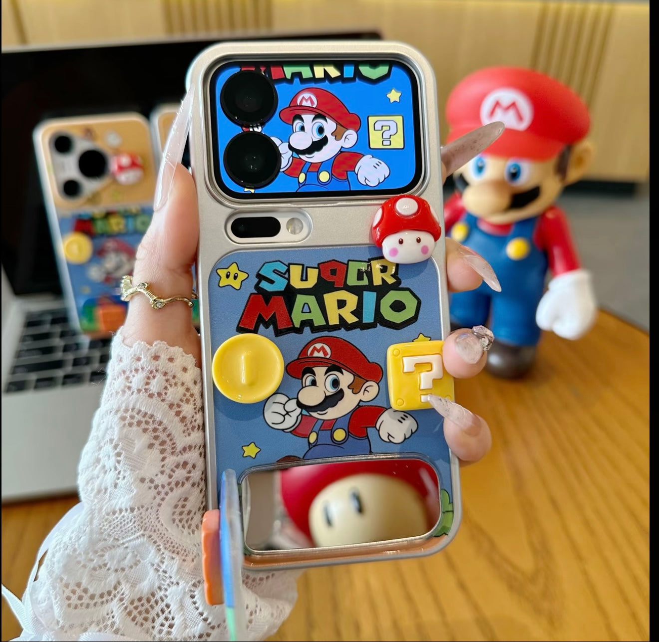 Retro Classic Super Mario Cartoon Phone Case With 3D Stereo Mushroom Ornament Fold Stand, Adjustable Holder For Gaming Binge Watching Series