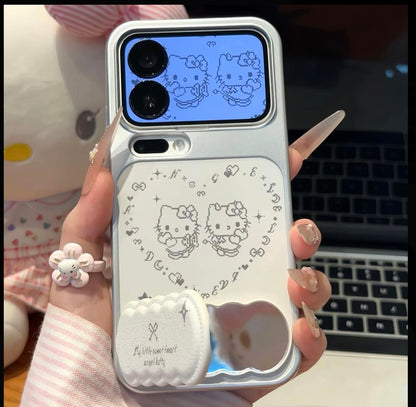Cute Heart Hello Kitty Phone Case with Foldable Makeup Mirror Kickstand, Multi-Angle Hands-Free Stand for Watching Videos Reading, Shockproof Full Camera Protection Kawaii Girly Cover for iPhone Flip Fold Series