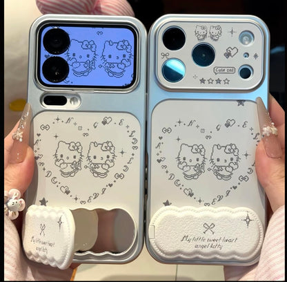Cute Heart Hello Kitty Phone Case with Foldable Makeup Mirror Kickstand, Multi-Angle Hands-Free Stand for Watching Videos Reading, Shockproof Full Camera Protection Kawaii Girly Cover for iPhone Flip Fold Series