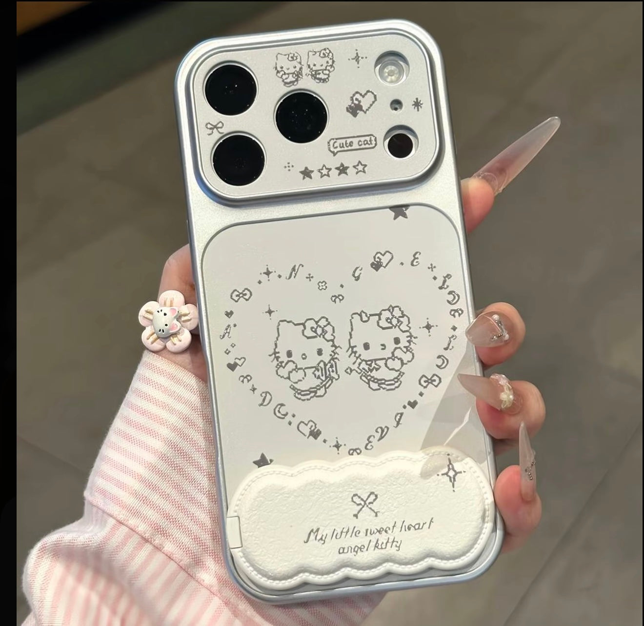 Cute Heart Hello Kitty Phone Case with Foldable Makeup Mirror Kickstand, Multi-Angle Hands-Free Stand for Watching Videos Reading, Shockproof Full Camera Protection Kawaii Girly Cover for iPhone Flip Fold Series