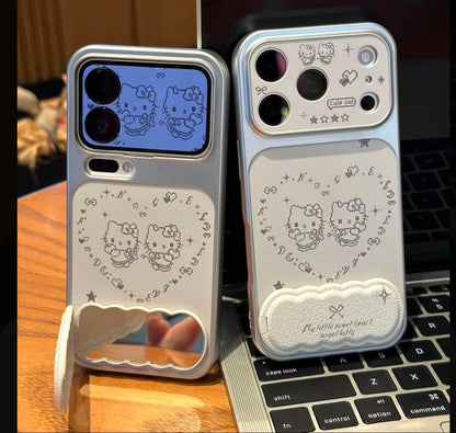 Cute Heart Hello Kitty Phone Case with Foldable Makeup Mirror Kickstand, Multi-Angle Hands-Free Stand for Watching Videos Reading, Shockproof Full Camera Protection Kawaii Girly Cover for iPhone Flip Fold Series