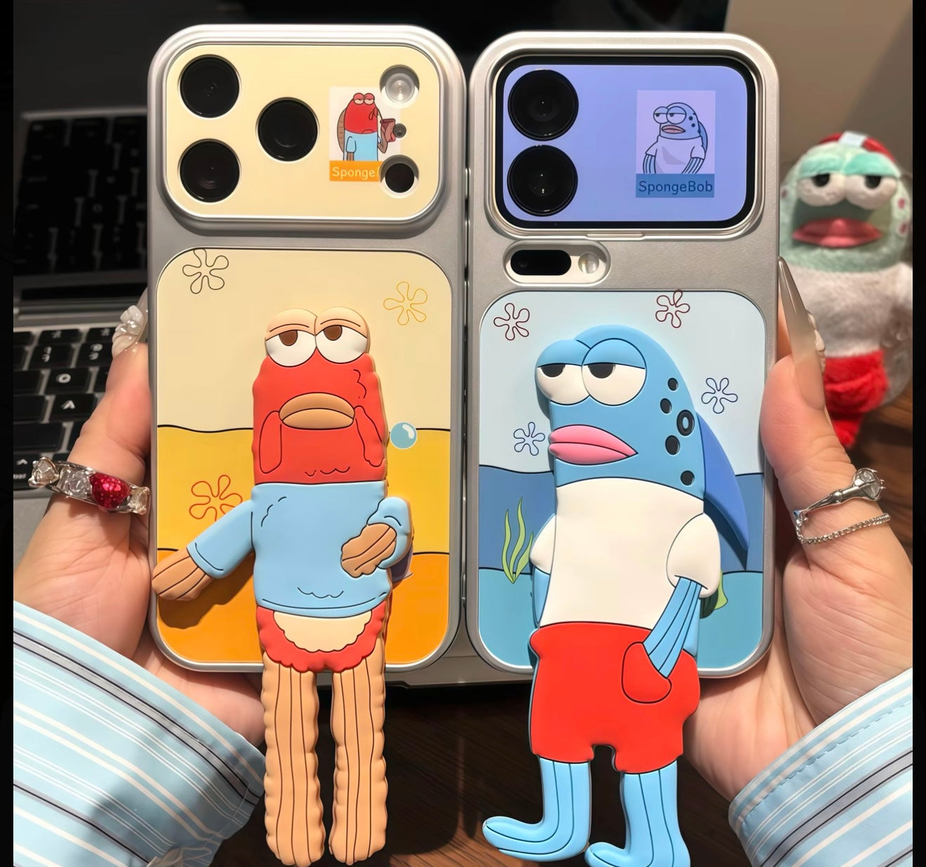3D Cartoon SpongeBob Bikini Bottom Fish Kickstand Phone Case, Cute 3D Figure Adjustable Stand Protective Cover, Hands-Free Vertical & Horizontal View Shockproof Case For iPhone