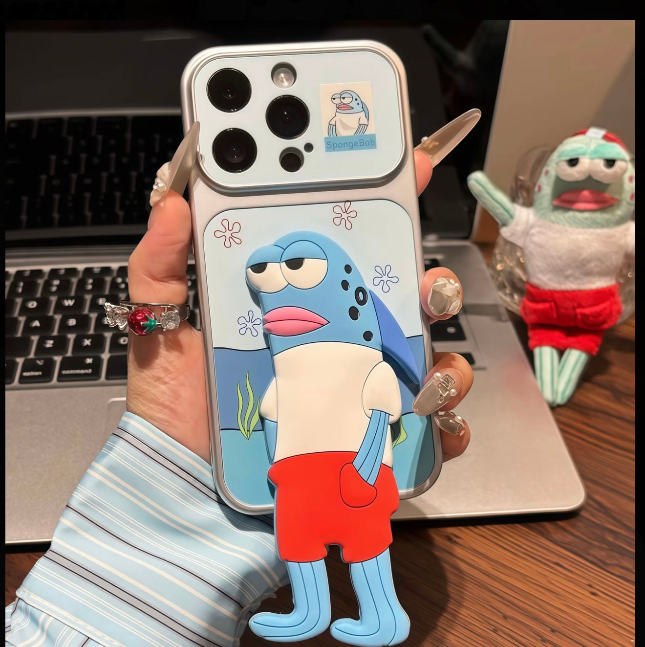 3D Cartoon SpongeBob Bikini Bottom Fish Kickstand Phone Case, Cute 3D Figure Adjustable Stand Protective Cover, Hands-Free Vertical & Horizontal View Shockproof Case For iPhone