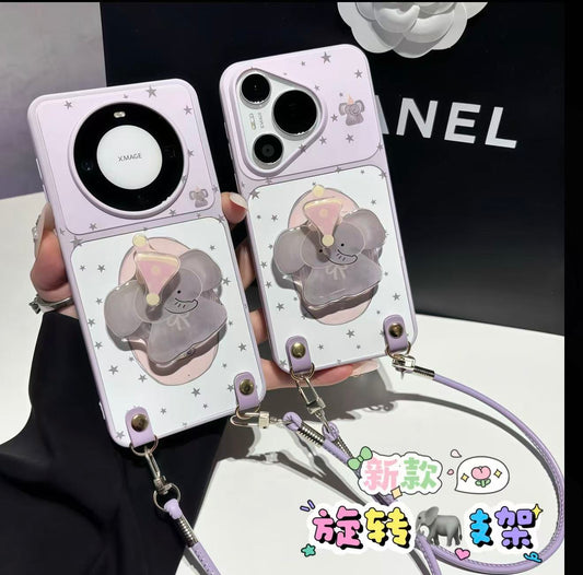 Kawaii Pastel Purple Star 3D Elephant Kickstand Phone Case With Detachable Wrist Lanyard, Cute Cartoon Elephant Holder Protective Cover For iPhone