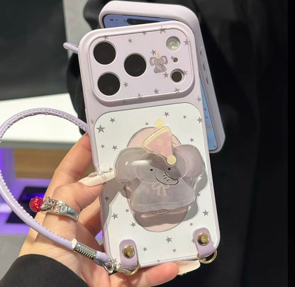 Kawaii Pastel Purple Star 3D Elephant Kickstand Phone Case With Detachable Wrist Lanyard, Cute Cartoon Elephant Holder Protective Cover For iPhone