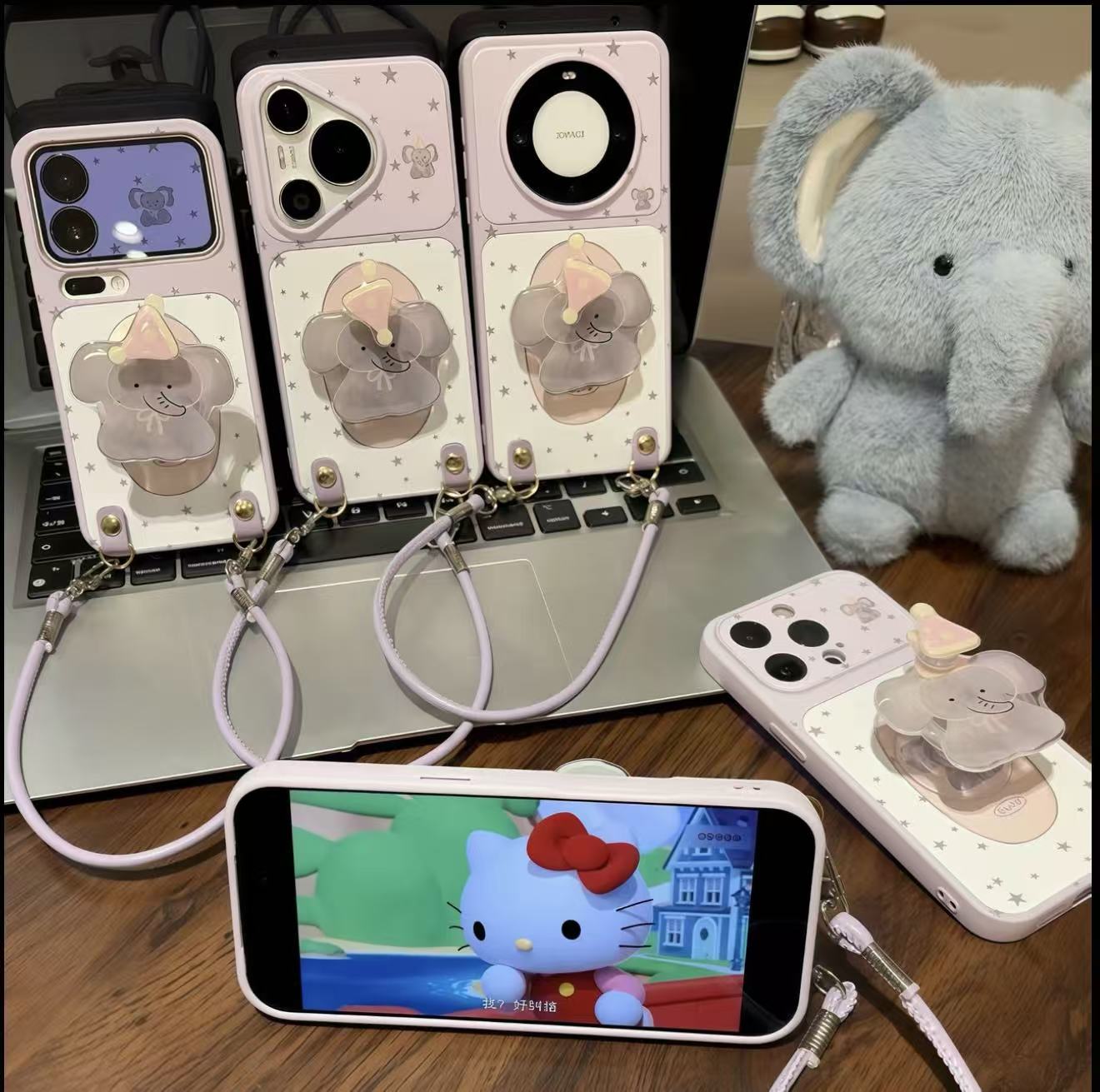 Kawaii Pastel Purple Star 3D Elephant Kickstand Phone Case With Detachable Wrist Lanyard, Cute Cartoon Elephant Holder Protective Cover For iPhone