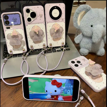 Kawaii Pastel Purple Star 3D Elephant Kickstand Phone Case With Detachable Wrist Lanyard, Cute Cartoon Elephant Holder Protective Cover For iPhone