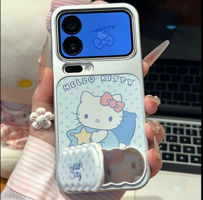 Cute Pastel Blue Hello Kitty Star Print Flip Mirror Stand Phone Case, Vertical & Horizontal View Holder Girly Soft Protective Phone Cover For All Smartphones