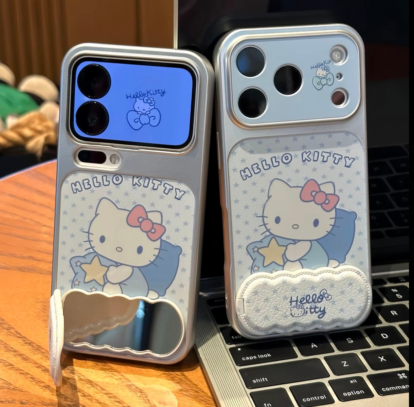 Cute Pastel Blue Hello Kitty Star Print Flip Mirror Stand Phone Case, Vertical & Horizontal View Holder Girly Soft Protective Phone Cover For All Smartphones