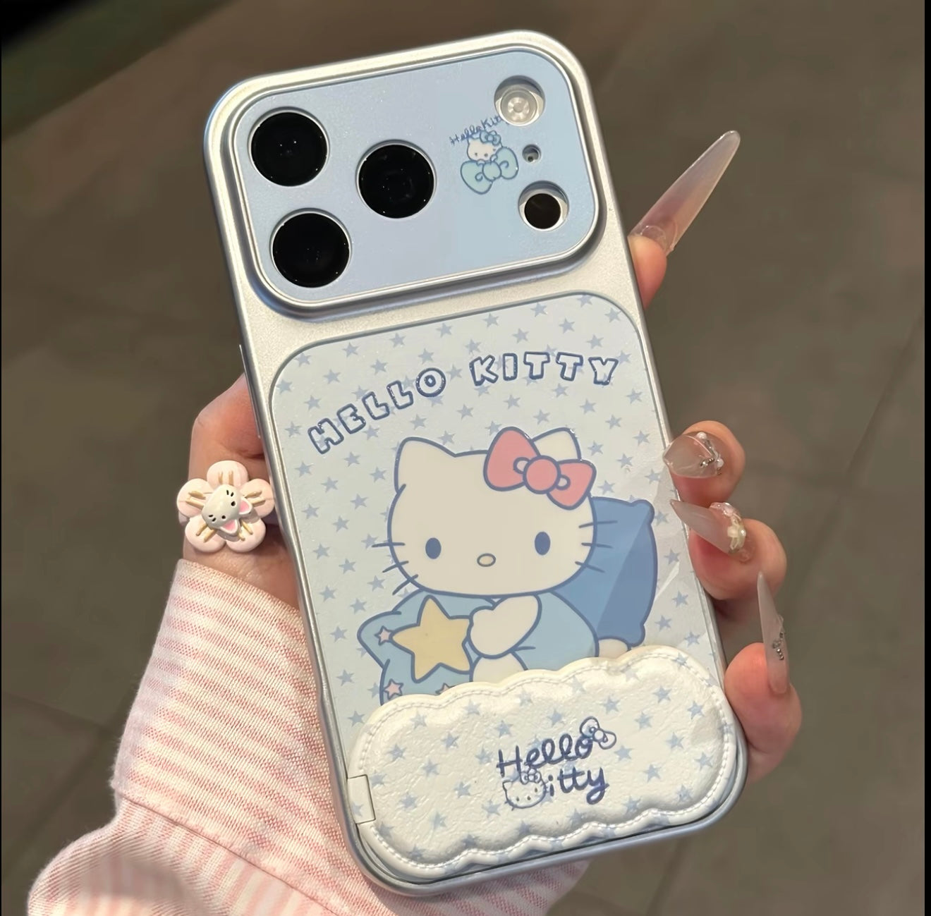 Cute Pastel Blue Hello Kitty Star Print Flip Mirror Stand Phone Case, Vertical & Horizontal View Holder Girly Soft Protective Phone Cover For All Smartphones