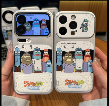 Funny SpongeBob Background Fish Group Phone Case With Foldable Kickstand Makeup Mirror, Cartoon Anime Shockproof Phone Cover Compatible With All Smartphone Models