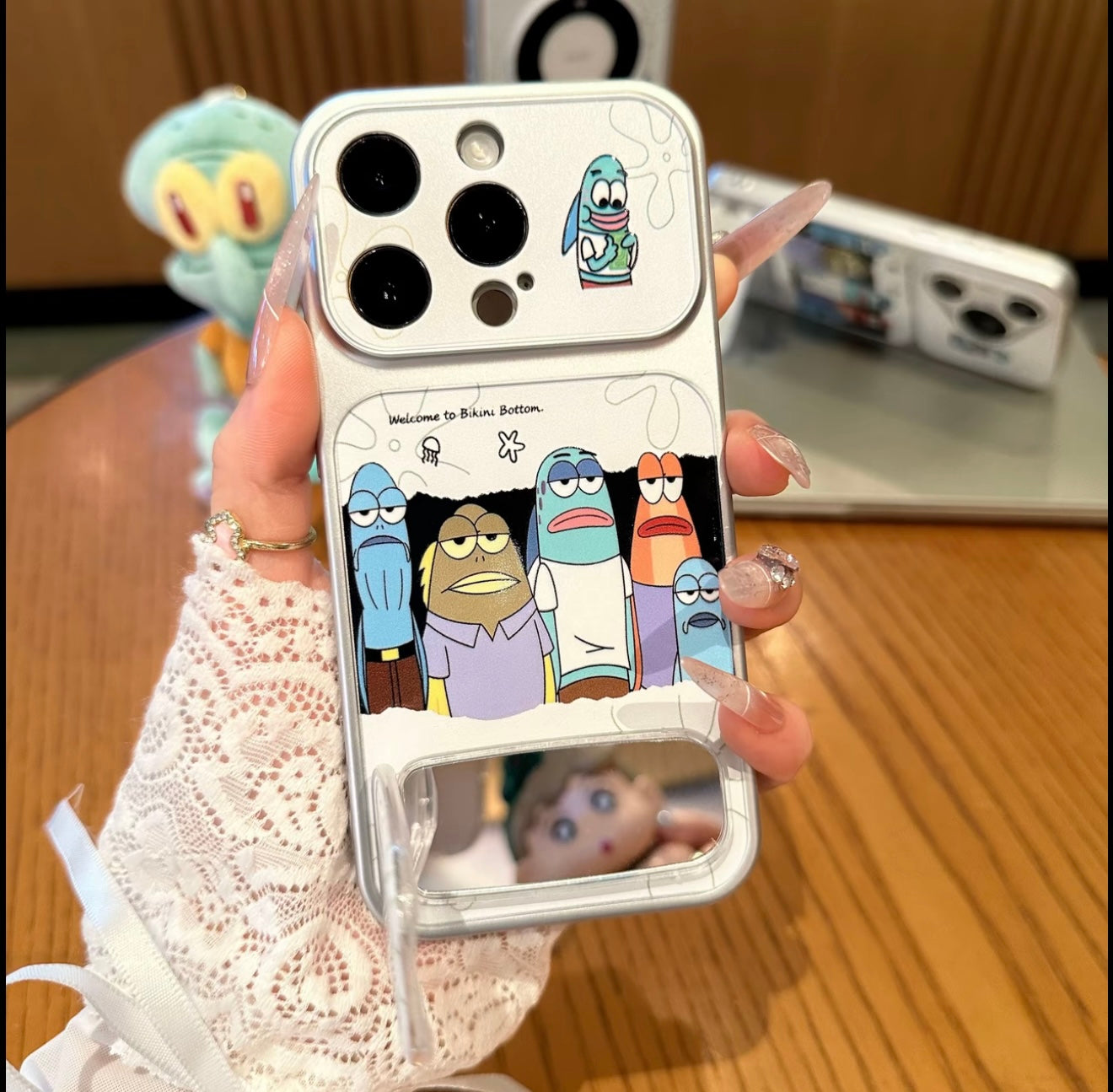 Funny SpongeBob Background Fish Group Phone Case With Foldable Kickstand Makeup Mirror, Cartoon Anime Shockproof Phone Cover Compatible With All Smartphone Models