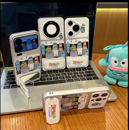Funny SpongeBob Background Fish Group Phone Case With Foldable Kickstand Makeup Mirror, Cartoon Anime Shockproof Phone Cover Compatible With All Smartphone Models