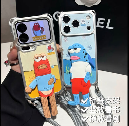 3D Cartoon Fish Mermaid Man Foldable Stand Phone Case With Lanyard, Cute SpongeBob Character Kickstand Cover For Iphone, Funny Stereo Figure Shockproof Protective Case