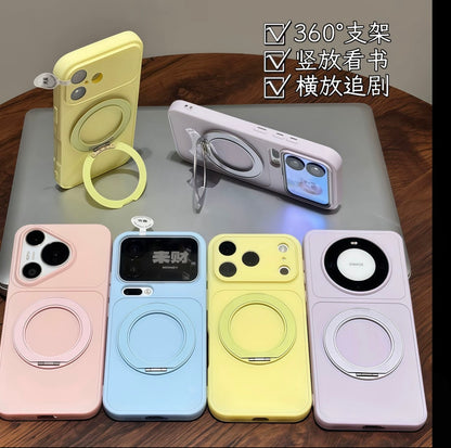 Pastel Solid Color Magnetic Ring Kickstand Phone Case, 360° Rotatable Foldable Stand Shockproof Protective Cover For iPhone