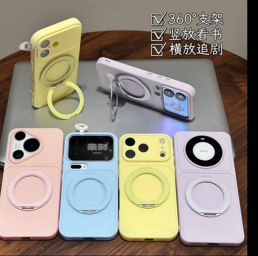 Pastel Solid Color Magnetic Ring Kickstand Phone Case, 360° Rotatable Foldable Stand Shockproof Protective Cover For iPhone