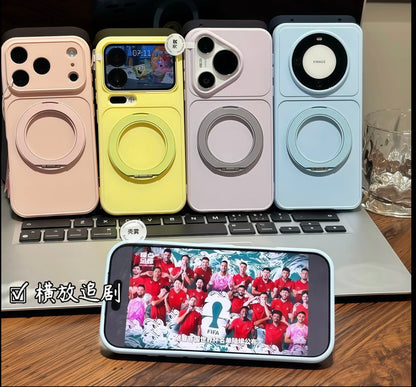 Pastel Solid Color Magnetic Ring Kickstand Phone Case, 360° Rotatable Foldable Stand Shockproof Protective Cover For iPhone