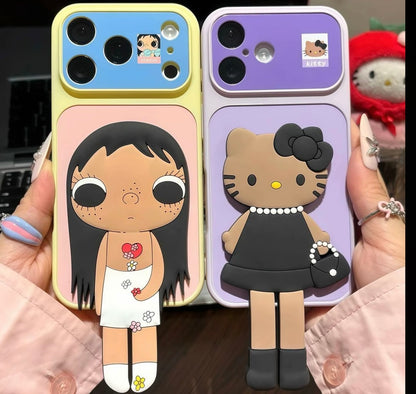 Cute 3D Cartoon Character Foldable Kickstand Phone Case, Hello Kitty / Cat / White Dog / Big Eyes Girl Stereo Figure Stand Shockproof Protective Cover For iPhone
