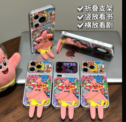 Funny Angry Patrick Star 3D Figure Holder Phone Case Colorful Graffiti SpongeBob Pattern Shockproof Phone Shell For IPhone