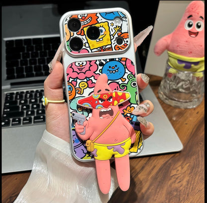Funny Angry Patrick Star 3D Figure Holder Phone Case Colorful Graffiti SpongeBob Pattern Shockproof Phone Shell For IPhone