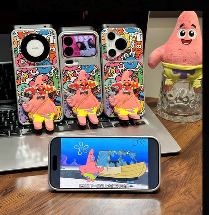 Funny Angry Patrick Star 3D Figure Holder Phone Case Colorful Graffiti SpongeBob Pattern Shockproof Phone Shell For IPhone