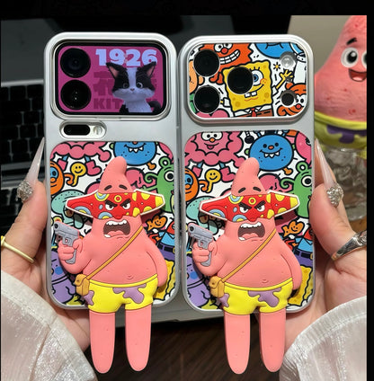 Funny Angry Patrick Star 3D Figure Holder Phone Case Colorful Graffiti SpongeBob Pattern Shockproof Phone Shell For IPhone
