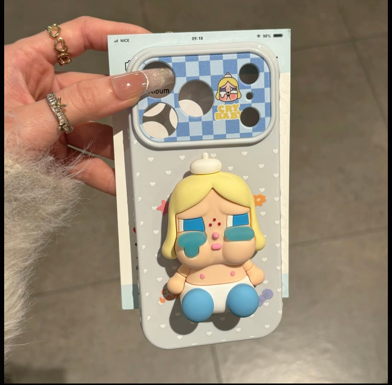 Pop Mart Crybaby 3D Stereo Doll Stand Phone Case Pastel Heart Check Graffiti Shockproof Protective Cover For iPhone  Huawei Foldable Flip Phones
