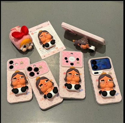 Pop Mart Crybaby 3D Stereo Doll Stand Phone Case Pastel Heart Check Graffiti Shockproof Protective Cover For iPhone  Huawei Foldable Flip Phones