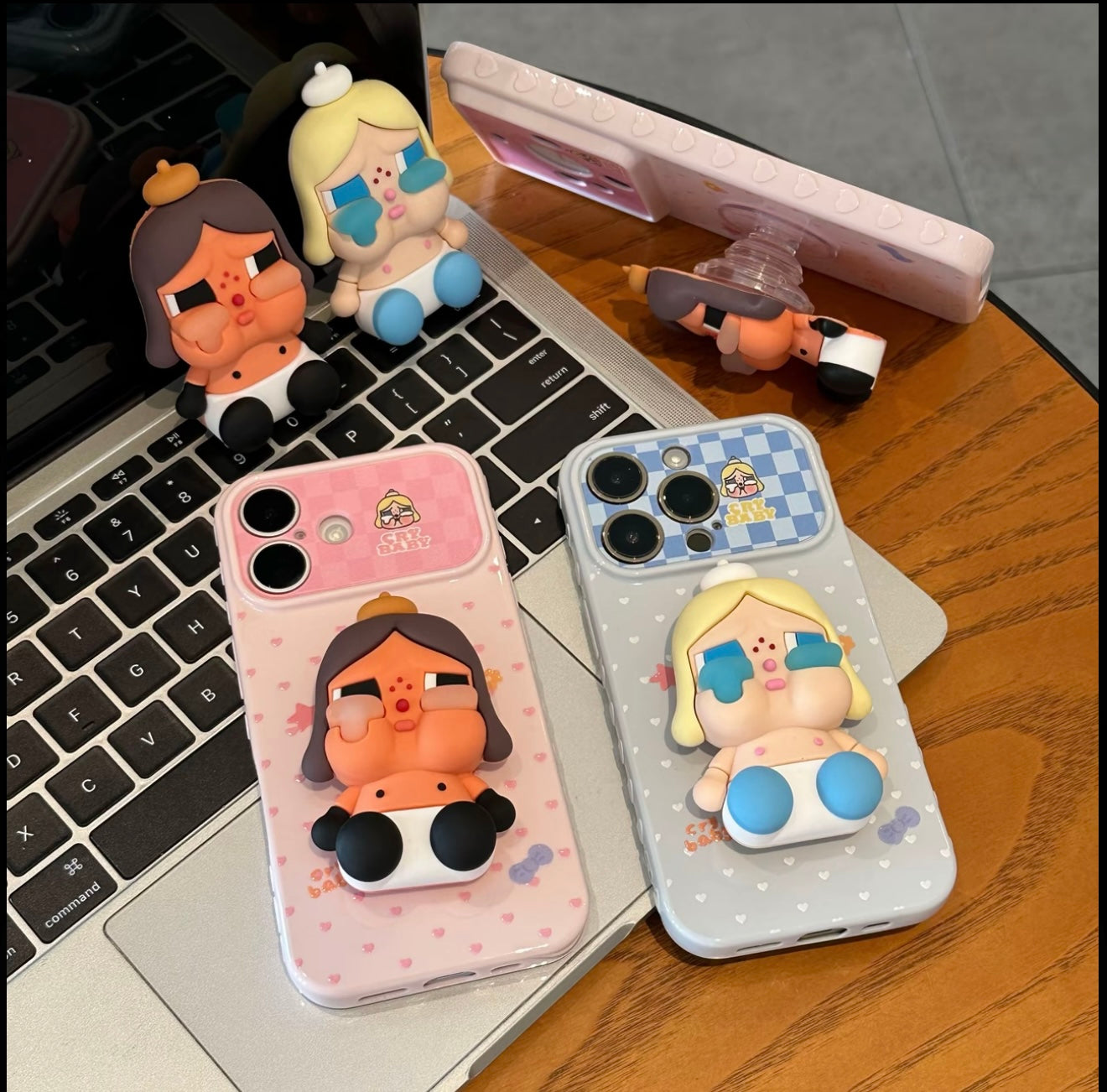 Pop Mart Crybaby 3D Stereo Doll Stand Phone Case Pastel Heart Check Graffiti Shockproof Protective Cover For iPhone  Huawei Foldable Flip Phones