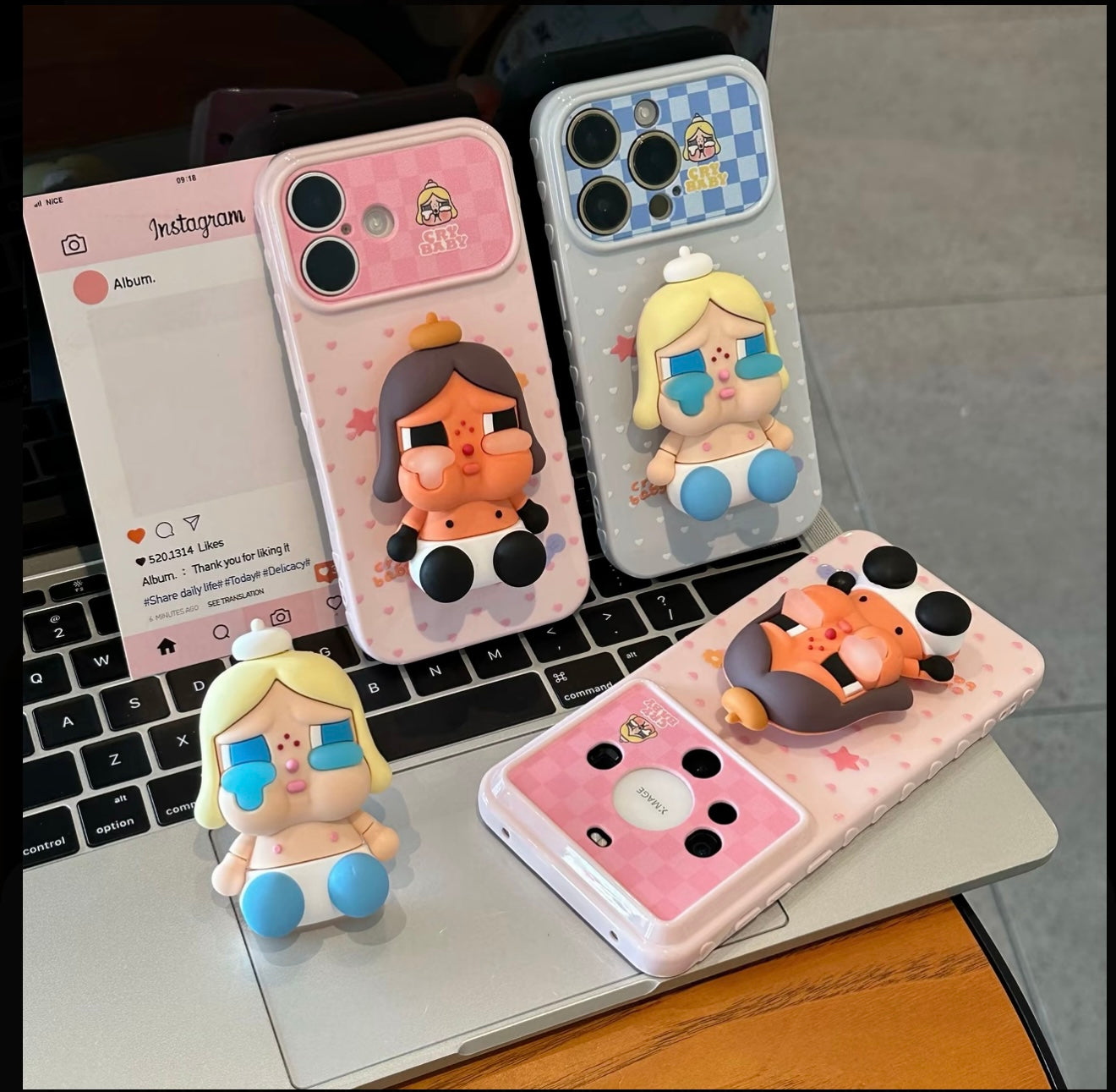 Pop Mart Crybaby 3D Stereo Doll Stand Phone Case Pastel Heart Check Graffiti Shockproof Protective Cover For iPhone  Huawei Foldable Flip Phones