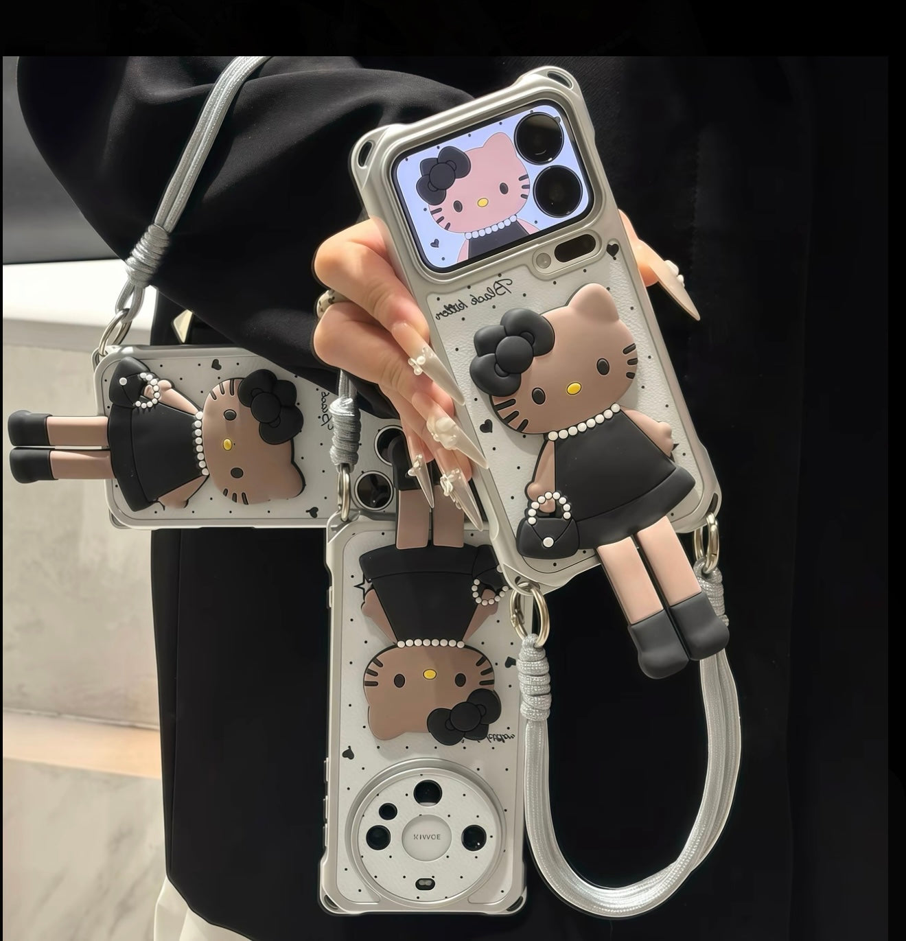 3D Black Hello Kitty Foldable Stand Phone Case, Polka Dot White Leather Texture Cover With Hand Strap, Cute Cartoon Kitten Holder Protective Case For iPhone All Models