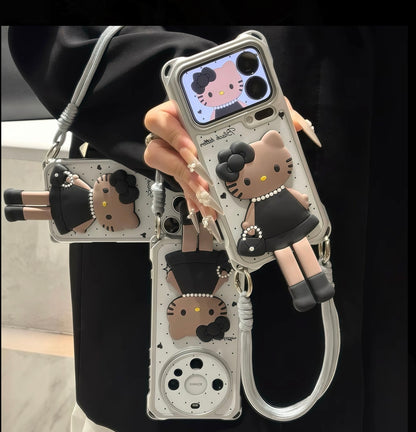 3D Black Hello Kitty Foldable Stand Phone Case, Polka Dot White Leather Texture Cover With Hand Strap, Cute Cartoon Kitten Holder Protective Case For iPhone All Models