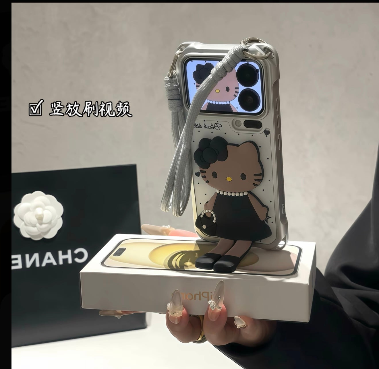 3D Black Hello Kitty Foldable Stand Phone Case, Polka Dot White Leather Texture Cover With Hand Strap, Cute Cartoon Kitten Holder Protective Case For iPhone All Models