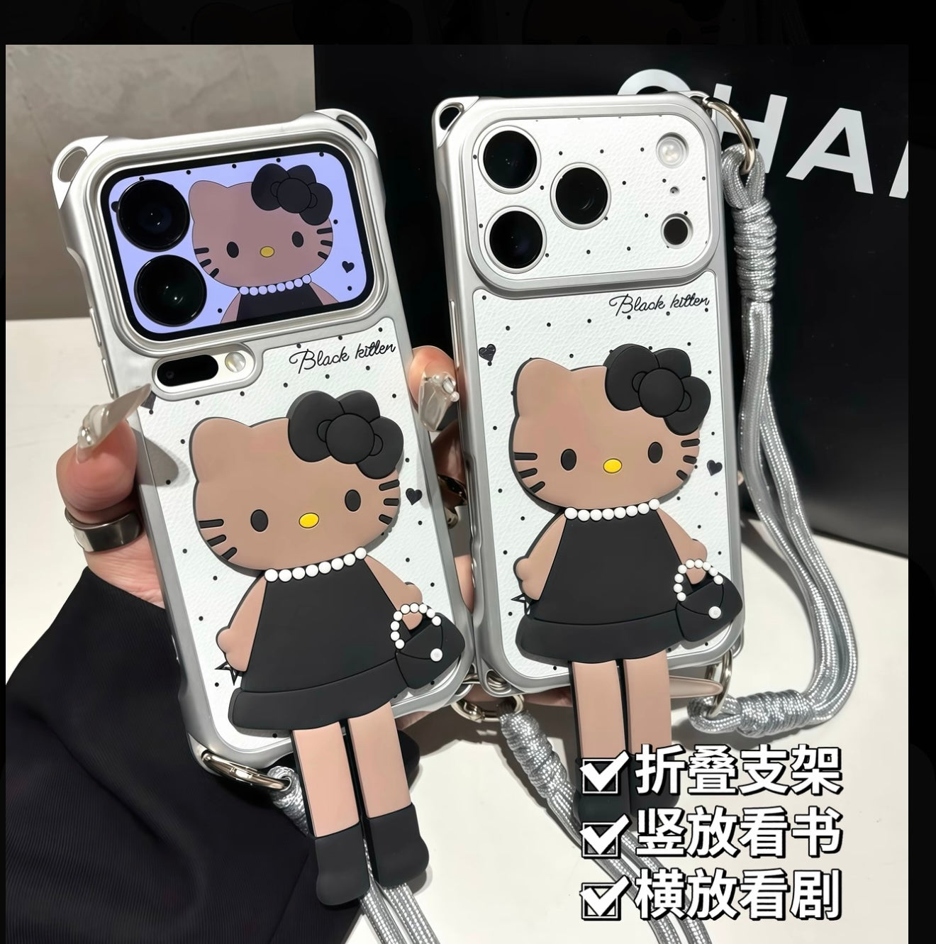 3D Black Hello Kitty Foldable Stand Phone Case, Polka Dot White Leather Texture Cover With Hand Strap, Cute Cartoon Kitten Holder Protective Case For iPhone All Models
