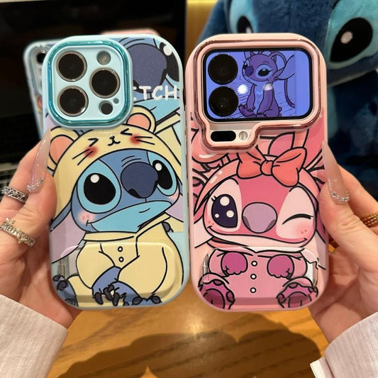 Lovely Pink Angel & Yellow Stitch Character Phone Case With Built-in Stand, Cartoon Anime Full Lens Frame Protective Soft Phone Cover For All Smartphone