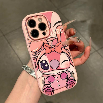 Lovely Pink Angel & Yellow Stitch Character Phone Case With Built-in Stand, Cartoon Anime Full Lens Frame Protective Soft Phone Cover For All Smartphone